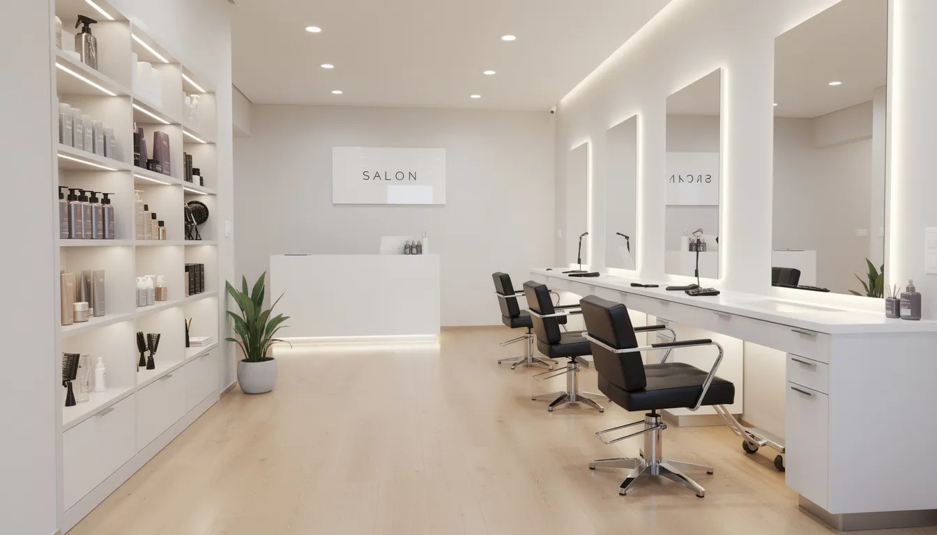 The image depicts a modern salon interior characterized by clean lines and well-organized professional styling stations, reflecting a space designed for success in the beauty industry. This inviting environment is ideal for salon owners looking to attract new clients and enhance client retention through strong systems and strategic service offerings.