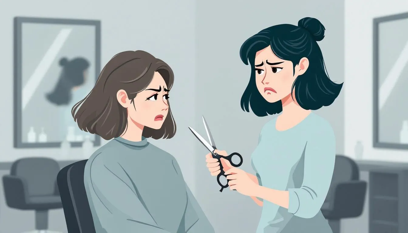 An illustration depicting a female client looking dissatisfied while sitting in a hair salon chair, with a female stylist appearing frustrated, highlighting the damage to brand reputation caused by poor client-stylist matching. The scene emphasizes the concept of a cultural mismatch and the financial implications of a bad hire on the salon's business objectives and employee morale.