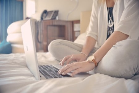 Salon owner working on computer