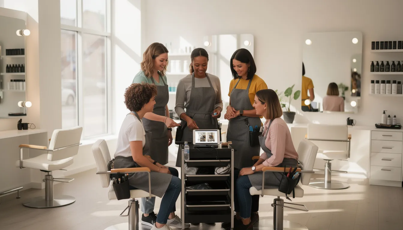 A small team of professional stylists is gathered around a tablet in a bright, modern salon space, discussing salon services and sharing tips on the right tools for efficient business operations. The atmosphere is collaborative, highlighting the importance of proper equipment and techniques in delivering consistent results for clients with various hair types and textures.