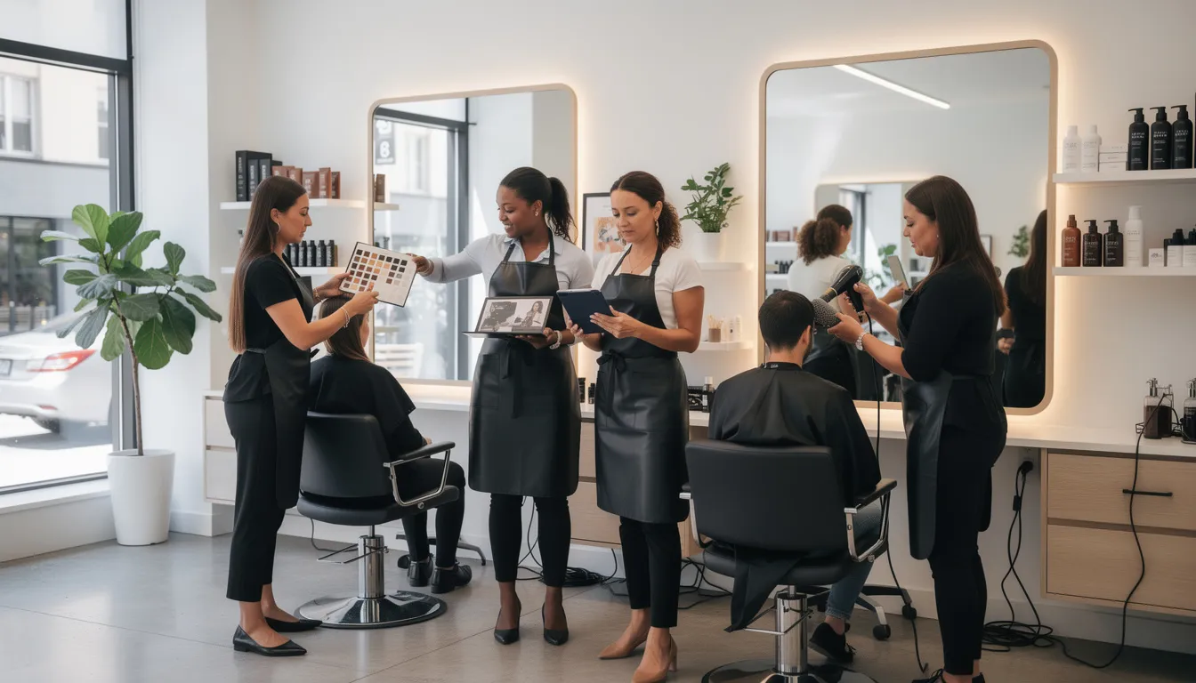 A team of stylists collaborates in a modern salon, showcasing a vibrant atmosphere where creativity and strategy merge to enhance client retention and attract new clients. The salon environment reflects the future of the beauty industry, emphasizing strong systems and innovative tools to ensure success for both salon owners and stylists.