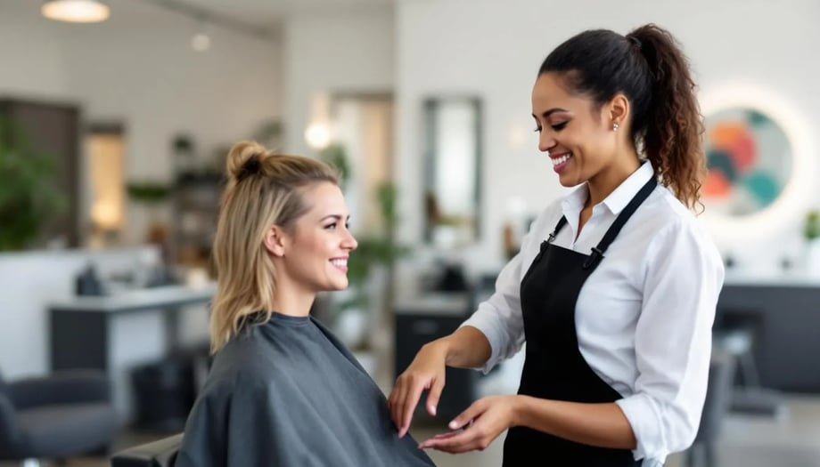 The image shows a welcoming hair salon environment where a skilled hair stylist is attending to a satisfied client, highlighting the importance of building a loyal client base from day one. The scene emphasizes customer loyalty through excellent service and a positive client experience, essential for retaining clients and attracting new customers.