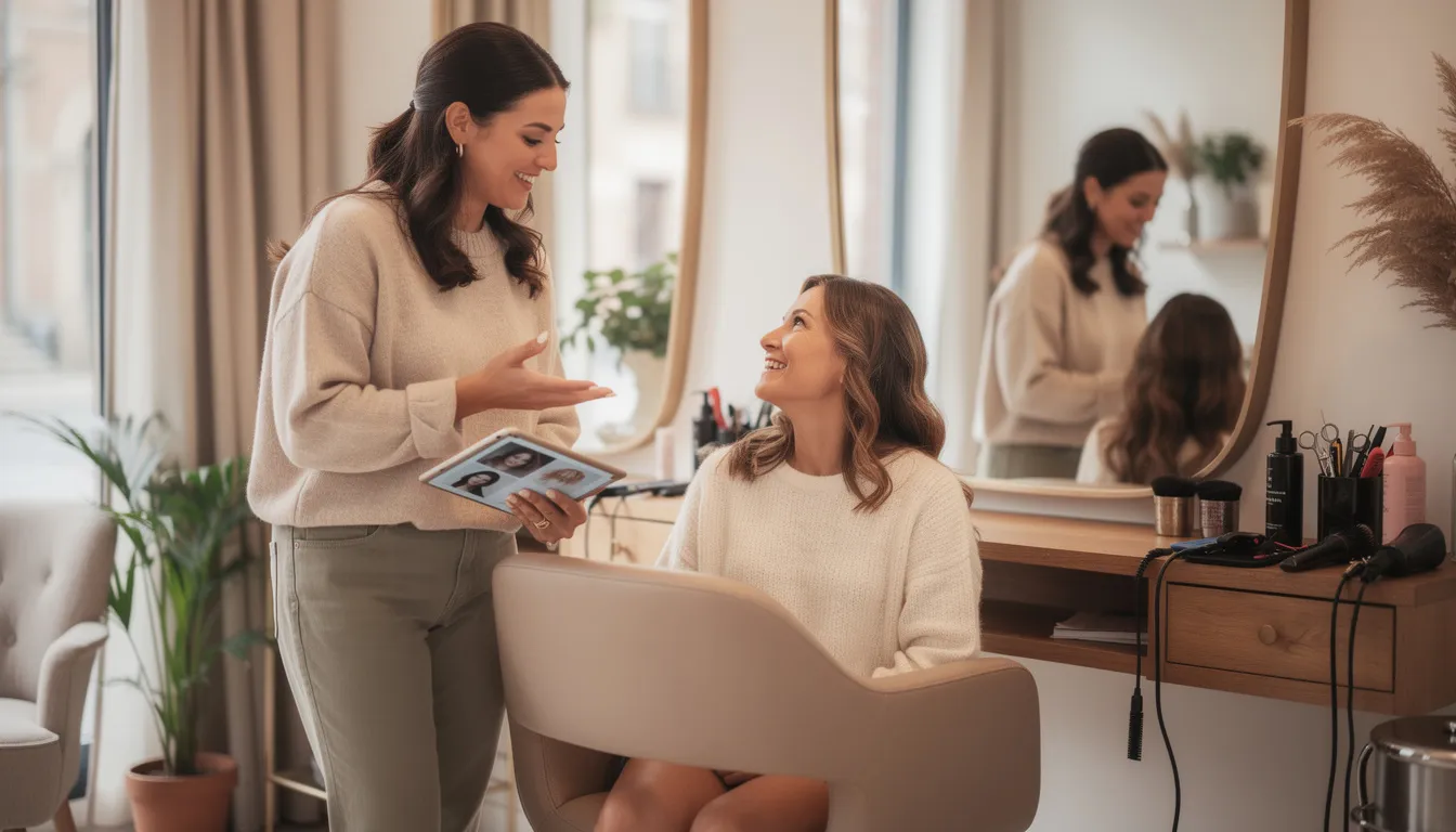 A hairstylist is engaged in a close consultation with a happy client in a modern salon, surrounded by professional tools like shears and brushes. The comfortable setting emphasizes the importance of salon services and the right equipment for achieving beautiful hair textures and styles.