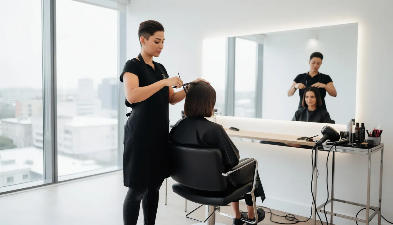 A professional hairstylist is skillfully styling a client's hair in a bright, modern salon space, utilizing essential tools like a round brush and a professional blow dryer to achieve smooth, soft waves. The salon's ambiance reflects a commitment to quality salon services, ensuring clients receive the best care for their unique hair types and textures.