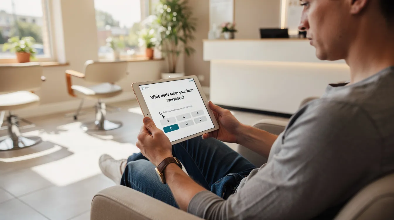 A person is seated in a bright salon waiting area, using a tablet to complete an online quiz while surrounded by stylish decor. This setting emphasizes the importance of client engagement and retention strategies in a thriving salon business, showcasing how personalized experiences can keep clients loyal.