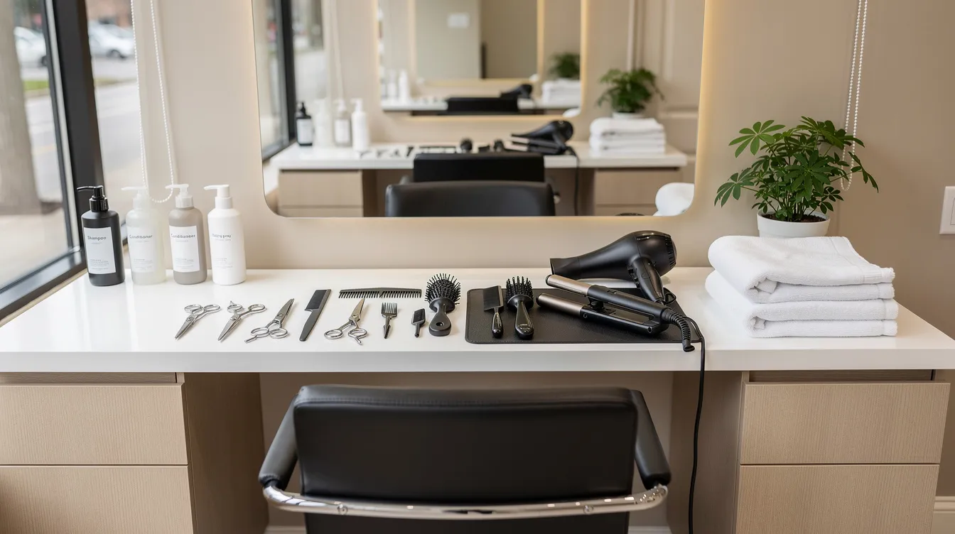 The image depicts a clean and organized salon station with professional tools neatly arranged, reflecting the importance of offering consistent service and high-quality experiences that can improve client retention. A well-maintained setup not only enhances the client's perception of value but also contributes to building a loyal clientele through effective communication and personalized consultations.