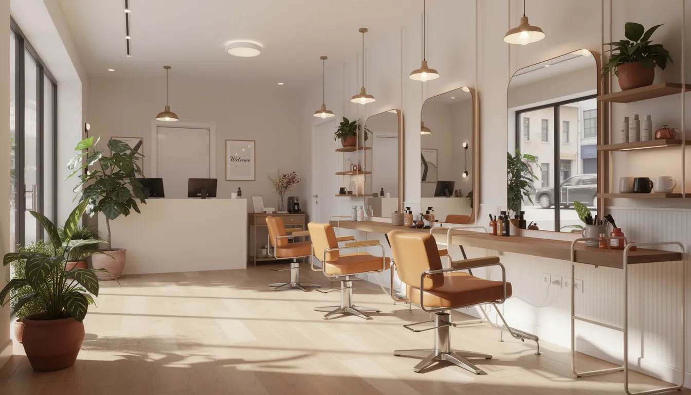 The image depicts a warm and inviting hair salon interior featuring multiple styling stations bathed in natural light, creating a welcoming atmosphere for clients. This inviting space emphasizes the importance of quality service and effective booking processes to avoid losing clients after their first visit.