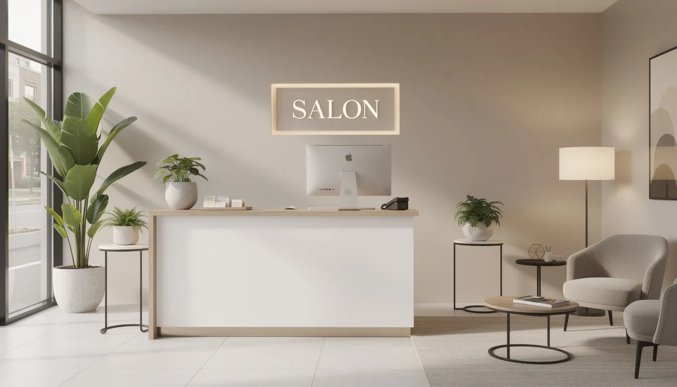 The image depicts a salon front desk area designed to create a welcoming atmosphere, featuring modern decor and lush plants, ready to enhance the customer experience and foster customer loyalty. This inviting space is essential for encouraging repeat business and improving customer retention efforts.